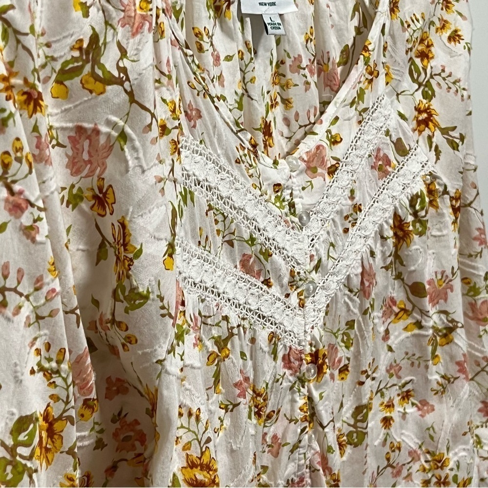 Floral Peasant Blouse - Cream with Mustard Print - Picture 2 of 10